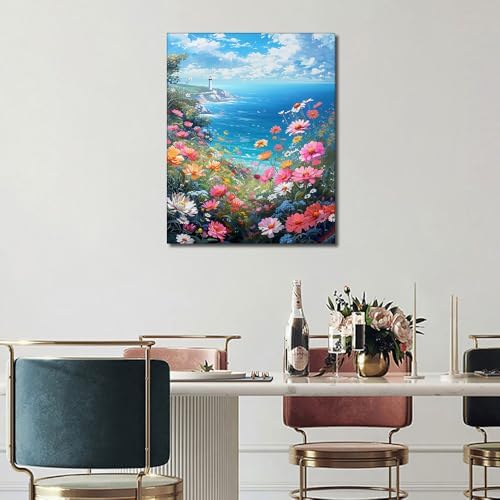 TUMOVO Flower Framed Paint by Numbers Kit for Adults Beginner, Sea Adult Paint by Number Kits on Canvas, Coastline Scenery Oil Painting for Gift Home Decor, Acrylic Drawing Paint Kits 16"x20" - Image 2