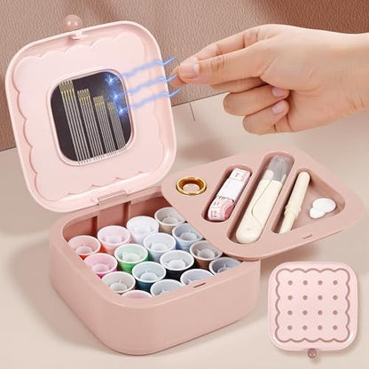 LOTOFUN Small Sewing Kit Box: Cute Portable 2-Layer Organizer Magnetic Needle and Thread Kits Holder Basic Case - Home Clothes Repair for Beginners (Pink) by LOTOFUN