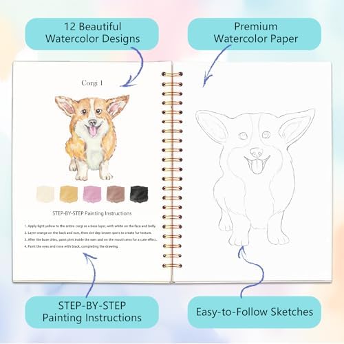 Easy Watercolor Workbook for Beginners - 12 Beautiful Step-by-Step Paintings Water Coloring Book, Includes 18 Colors Paints, Relaxing Art Projects and Creative Gift for Adults & Teen (Dogs) - Image 3