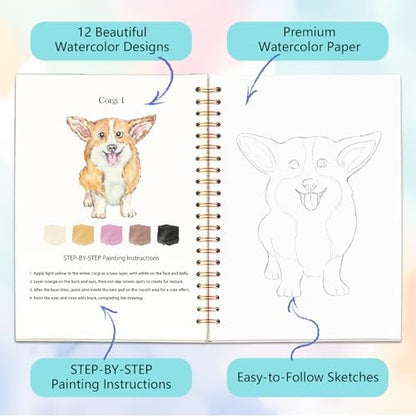Easy Watercolor Workbook for Beginners - 12 Beautiful Step-by-Step Paintings Water Coloring Book, Includes 18 Colors Paints, Relaxing Art Projects and Creative Gift for Adults & Teen (Dogs) - Image 3