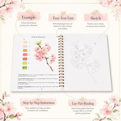 Watercolor Workbook for Beginners, 15 Beautiful Flower Water Coloring Book, Includes 24 Water Colors Workbooks Paint Set, Relaxing Art Projects and Creative Gift for Adults & Teen - Image 5