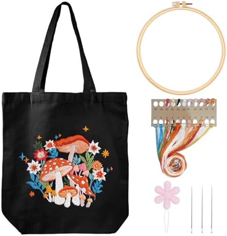 Louise Maelys Embroidery Kit Canvas Tote Bag with Mushroom Floral Pattern by LouiseMaelys
