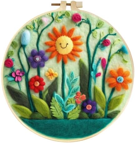 CaptainCrafts DIY Needle Felting Starter Kit with Picture Hoop, Foam Pad Felt Cloth Instructions for Home Decoration Beginner Art Craft (Green-Themed Sunflowers) by CaptainCrafts