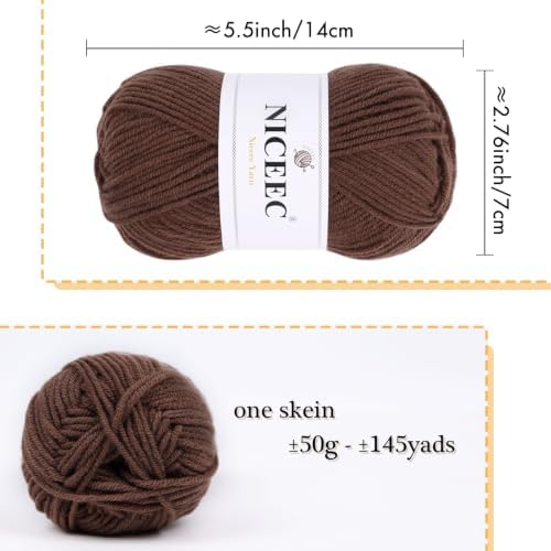 NICEEC 300g Soft Assorted Colors Yarn 100% Acrylic 870yds -Brown34# - Image 3