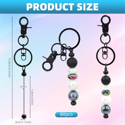 80 Pcs Beadable Keychains Bulk Kit – DIY Keychain Making Supplies with Metal Blanks for Crafts, Jewelry, Charms, Custom Projects – Blank Chain Bars for Beaded Keychain Design (Black) - Image 2
