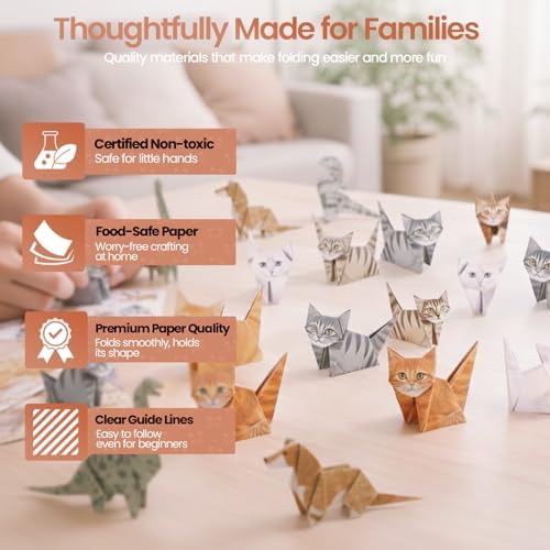 Paper Cats Origami Kit for Adults – Origami Cats, Dogs & Dinosaurs with 135 Sheets + 60 Cat Stickers | Japanese Paper Craft Set | Mindful Creative hobby & Gift for Cat Lovers, Beginners and Hobbyists - Image 3