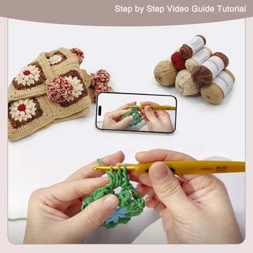Noocro Complete Crochet Kit for Pom-Pom Granny Square Scarf Hood, DIY Yarn Kit, Detailed Instructions, Step by Step Video Tutorial, Beginner-Friendly, Intermediate Crocheter Craft Set (Roma Khaki) - Image 5