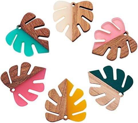 FASHEWELRY 50Pcs Resin Wooden Pendants Mixed Color Monstera Leaf Vintage Resin Wood Statement for DIY Necklace Earring Making - Image 7