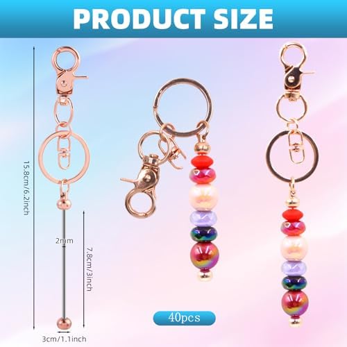 40 Pcs Beadable Keychains Bulk Kit – DIY Keychain Making Supplies with Metal Blanks for Crafts, Jewelry, Charms, Custom Projects – Blank Chain Bars for Beaded Keychain Design (Rose Gold) - Image 2