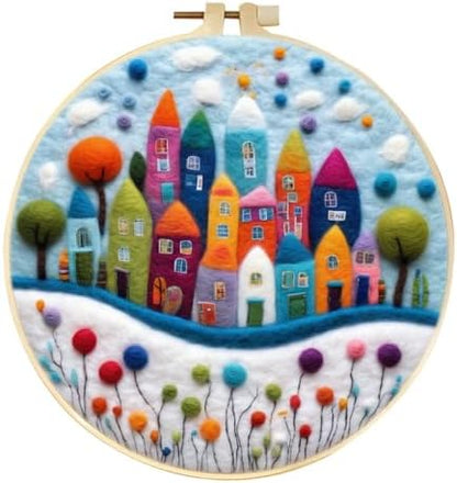 CaptainCrafts Needle Felting Kit, Wool Felt Supplies, Embroidery Hoops, Wool Painting Tools Needle Felting Starter Kit for DIY Decoration (A Colourful City) by CaptainCrafts
