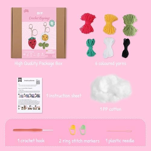 HOUSE CREATIVITY Crochet Keychain Kit for Beginners, Make 2 Strawberry & Sunflower Charms, Crochet Kits with Video Tutorial, Complete Set with Yarn, Hook & Keyring, Cozy Stress Relief Gift for Adults - Image 3