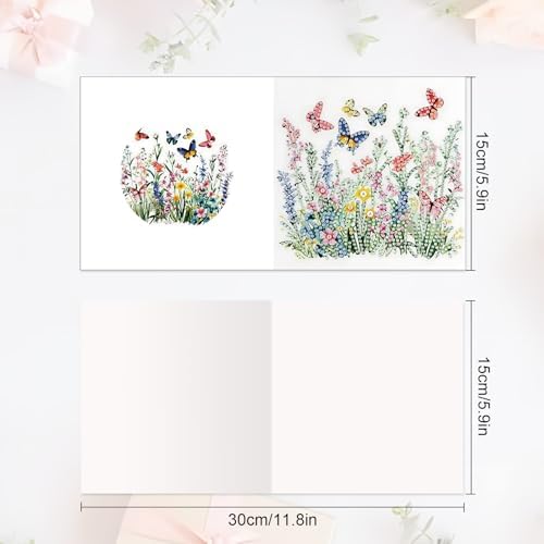 Tontut 6pcs Diamond Art Painting Kit Greeting Card, Green Flower Butterfly 5D DIY Diamond Handmade Holiday Greeting Card with Envelope, Holiday Gift Congratulations - Image 2