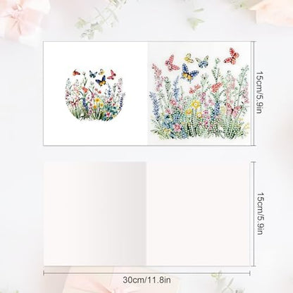 Tontut 6pcs Diamond Art Painting Kit Greeting Card, Green Flower Butterfly 5D DIY Diamond Handmade Holiday Greeting Card with Envelope, Holiday Gift Congratulations - Image 2