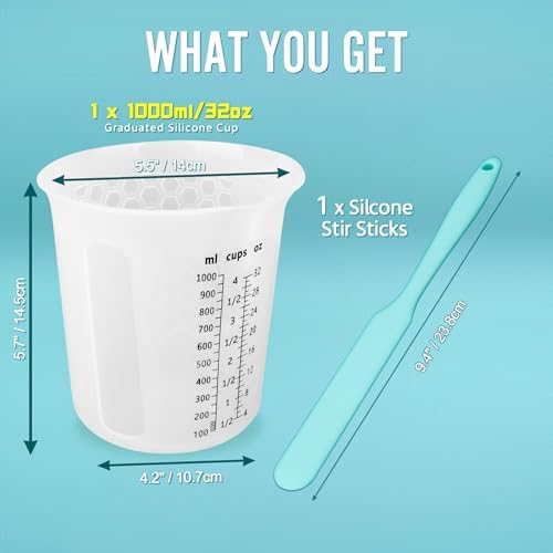 Silicone Resin Mixing 1L Measuring Cup Set for Resin Supplies, Easy-to-Read Marks, 1000ml/32oz Large Cup, Thickened Reusable Silicone Cups for Epoxy Mixing, Jewelry Making - Image 2