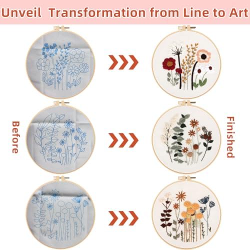 Herdiese Embroidery Kit for Beginners & Adults, 3 Floral Patterns & Hoop - Image 3