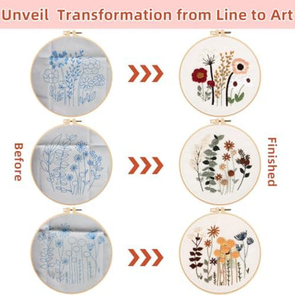 Herdiese Embroidery Kit for Beginners & Adults, 3 Floral Patterns & Hoop - Image 3