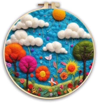 CaptainCrafts DIY Needle Felting Starter Kit with Picture Hoop, Foam Pad, Felt Cloth, Instructions for Home Decoration, Beginner Art Craft (Lovely Clouds Flowers) by CaptainCrafts