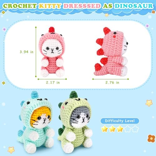 Fortuning's JDS Crochet Kit for Beginners, 3 PCS Dinosaur Cat Crochet Kits - Image 4