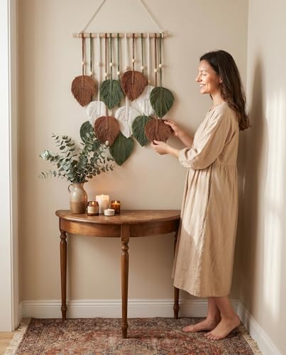 Jditngp DIY Macrame Leaf Wall Hanging Beginners Boho Wall Leaf Tapestry Kit Handmade Woven Tapestry Feather Wall Hanging DIY Macrame Kit for Adults Birthday Gift DIY Craft Kits 15.8" (Green,Brown) - Image 5