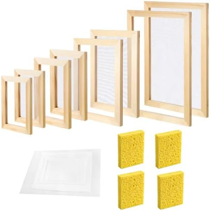 Ckhoid 4 Pack Paper Making Screen Kit, Wooden Papers Making Frames with Mesh, Papermaking Mould Deckle Absorbent Paper and Sponge for DIY Crafts Size A4 A5 A6 A7 by Unknown