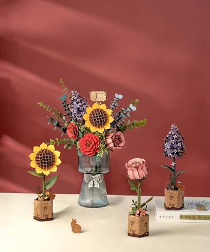 3D Wooden Puzzles Flower Bouquet Model Kit Building Set for Adults, Wooden Flower Building Toy Botanical Collection, Creative Gift Idea Home Decor(Sunflower/Red Camellia/Pink Rose/Lilac) - Image 5