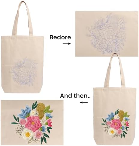 CREAWONDER Canvas Tote Bag Embroidery Kit with Pattern for Beginners, Arts and DIY Embroidery Crafts Kits for Adults, Include Instructions, Embroidery Hoops, Color Threads and Tool - Image 5