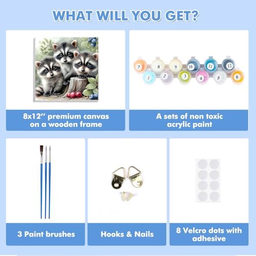 Bowetile Baby Raccoons Paint by Numbers Kit for Adults, Framed Painting by Numbers Animals, Adults' Paint-by-Number Kits on Canvas, Acrylic Number Painting for Nursery Home Wall Decor, 8x8in - Image 6