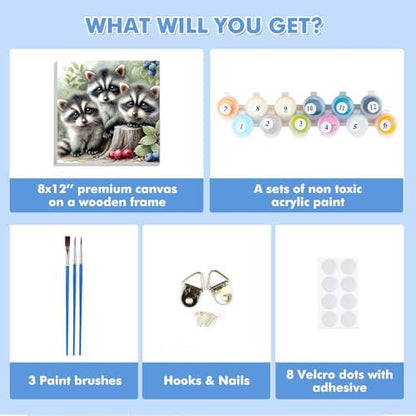 Bowetile Baby Raccoons Paint by Numbers Kit for Adults, Framed Painting by Numbers Animals, Adults' Paint-by-Number Kits on Canvas, Acrylic Number Painting for Nursery Home Wall Decor, 8x8in - Image 6