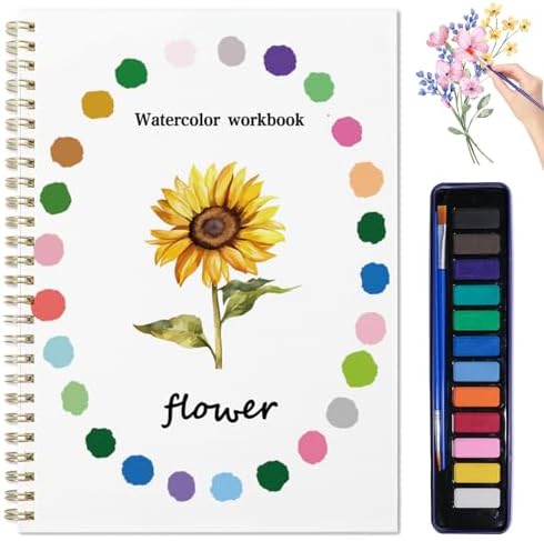 Beginner Watercolor Painting Kit Watercolor Workbook Coloring Book 12 Colors Paint Set with Brush, Easily Master Beginner Friendly Watercolor Paint Set Gift for Adults Teens. (Flowers) by DPWCVMProvideQualityProduce