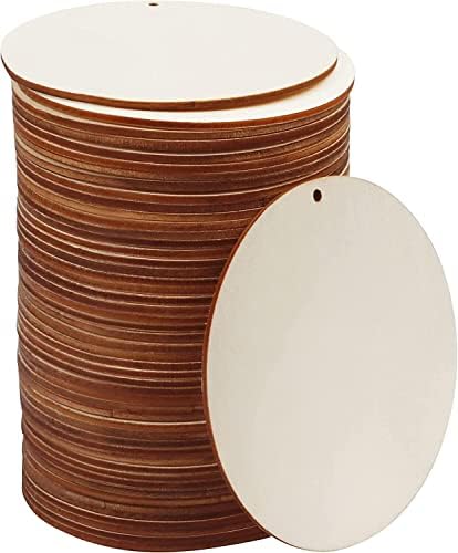 FSWCCK 100 PCS 4 Inch Wood Circles for Crafts – Round Blank Discs with Holes, Unfinished Wooden Cutouts for DIY, Painting, Staining, Coasters,Laser Engraving Sign Blanks, Ornament (4inch-100 Pack) by FSWCCK
