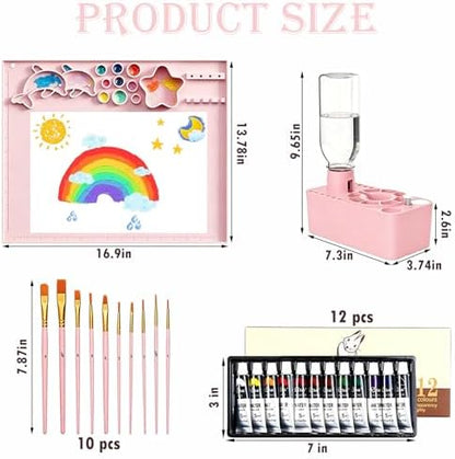 Painting Set with Paint Brush Cleaner, Silicone Painting Mat, 10 Brushes, 16 Stencils, 12 Watercolor Paints, Waterproof Apron, Gift for Beginner Artists - Image 2