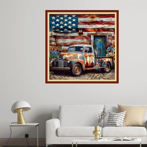 Joyhoor Cross Stitch Kits for Beginners Stamped Cross-Stitch Supplies Needlework preprint Embroidery Kits for Adults DIY Needlepoint Kit Embroidery Patterns 11CT- Front Flag Car 18x18 inch - Image 2