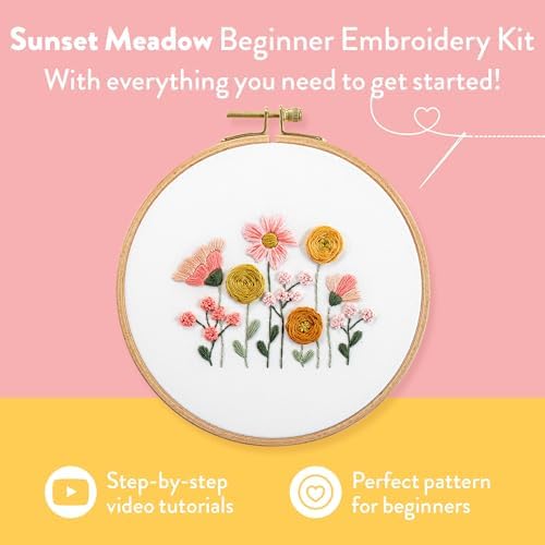 Clever Poppy Sunset Meadow Beginner Embroidery Kit – Easy Embroidery Kit for Beginners with Hoop, Thread & Patterns – Hand Embroidery Kit for Adults and Teens – Complete Embroidery Starter Kit - Image 2
