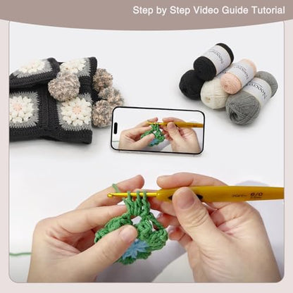 Noocro Complete Crochet Kit for Pom-Pom Granny Square Scarf Hood, DIY Yarn Kit, Detailed Instructions, Step by Step Video Tutorial, Beginner-Friendly, Intermediate Crocheter Craft Set (Pinky Ash) - Image 5