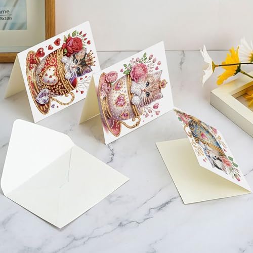 antor 6 Pack DIY Cat in Teacup Diamond Painting Greeting Cards with Envelopes – Cute Animal Rhinestone Art Craft Kit, Handmade Crystal Card Set, Diamond Art Kits for Adults - Image 5