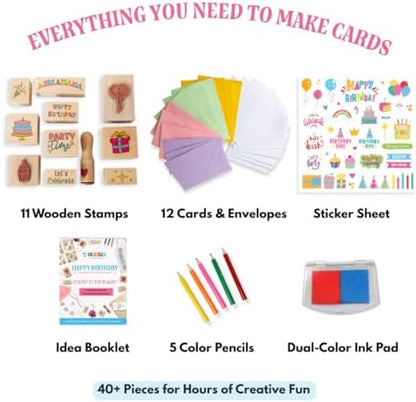 Birthday Card Making Kit -11 Reuseable Wooden Stamps & Ink Pad, 12 Blank Cards with Colorful envelopes, 1 Sheet of Birthday Stickers and 5 Color Pencils Ages 4+ - Image 3