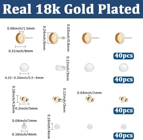 1 Box 160Pcs 18k Gold Plated Cabochon Stud Earring Blanks 6mm Stainless Steel Earring Stud Blanks Bulk with Butterfly Earbacks Glass Cabochon Ear Studs for Jewelry Making Supplies Beginners - Image 2