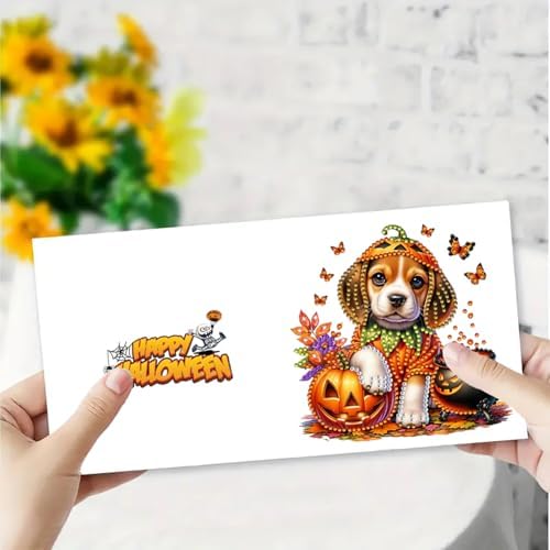 jinglinhh 6pcs Halloween Cloak Dog Pumpkin Diamond Art Painting Greeting Cards with Envelopes, DIY Card Making Kits for Adults, Diamond Art Postcards Christmas Cards Craft Gifts - Image 4