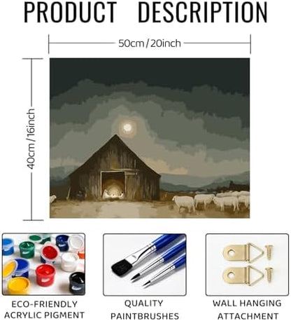 bitCNY Paint by Numbers for Adults, Nativity Scene DIY Acrylic Painting Kit on Canvas, Baby Jesus Manger with Sheep and Moonlight Artwork, Easy Paint by Number Wall Decor, 16x20 Inch - Image 2