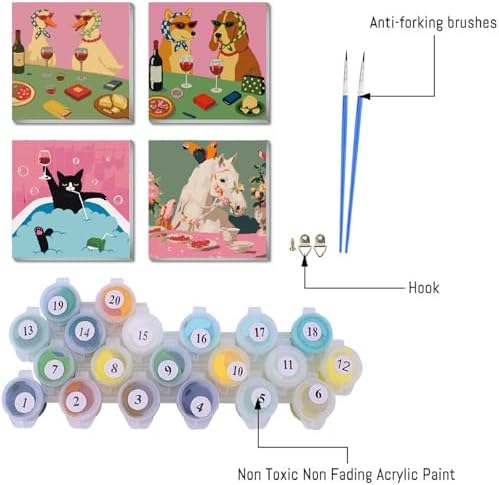FQOVKYN 4 Packs Funny Animals Paint by Numbers Kit for Adults Beginner, Horse Paint by Numbers with Frame, DIY Crafts Painting by Number for Gift Home Wall Decor 8 * 8 inch - Image 3