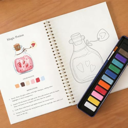 Beginner Watercolor Painting Kit Watercolor Workbook Coloring Book 12 Colors Paint Set with Brush, DIY Valentine's Day Cards Easily Master Beginner Friendly Watercolor Paint Set Valentine's Day Gifts for Adults Teens. (Valentine's Day) - Image 4