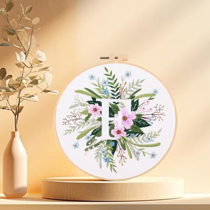 IUHUI Embroidery Kit for Beginners Adults - 26 Floral Letters Easy Patterns, DIY Hand Stitching Embroidery Set with Hoop (Flower and Grass Letter F) - Image 2