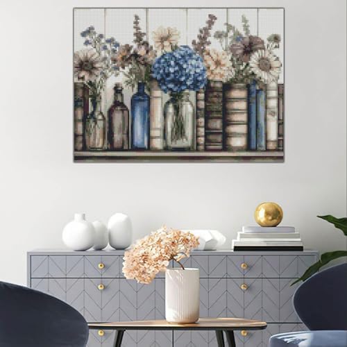 Stamping Cross Stitch Kit Books Flowers, Counting Cross Stitch Kit for Adult Beginners, with Glass Bottles Full Line DIY Cross Stitch Stitching Kit for Home Decor Cross Stitch Patterns 15.7x11.8inches - Image 3