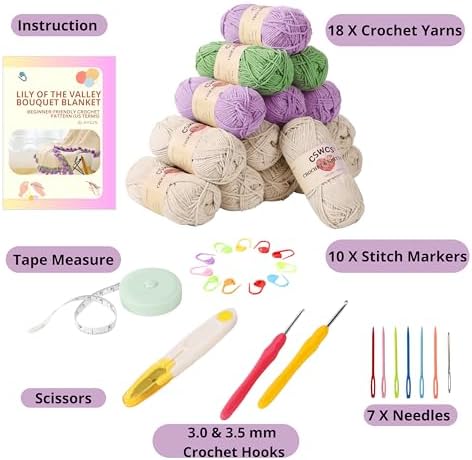 CSWCS Crochet Blanket Kit for Beginners, 40 inches Flower Bouquet Shawl Throw Kits for Adults, Learn How to Knitting with Yarn, Hook & Instructions, Gifts for Women Home Decor (Lily of The Valley Kit) - Image 3