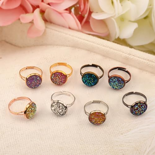 Oubaka 64pcs Blank Rings 12mm Adjustable Blank Rings Adjustable Flat Ring Metal Round Finger Ring Trays Round Pad Ring Trays Adjustable Ring Blanks Bezel Trays for Rings Making DIY Crafts(8 Colors) - Image 4