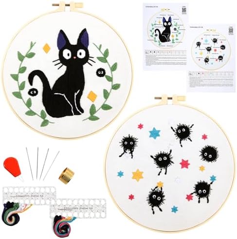 Cat Embroidery Starter Kit for Beginners Adults, Animal Stamped Cross Stitch Kit for Adult Beginner, Hand Embroidery Needlepoint Kits, 2 Set Embroidery Supply, 2 Hoops (Attached Video Tutorial) by Armindou
