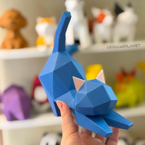 3D Origami Paper Craft Kit, Yoga Kitten Cute DIY Pre-Cut Animal Papercraft Model for Beginners, Fun Handmade Home Decoration Gift for Adults & Teens-Blue - Image 4