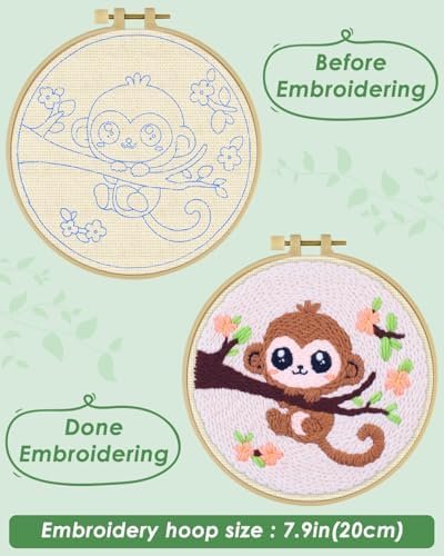 ERKOON Punch Needle Kit for Beginners Adults, DIY Easy Animals Embroidery Set for Starter Art Craft, Needling Punch Project with Patterns, Tools, Yarns, Hoop, Instruction (Monkey) - Image 3