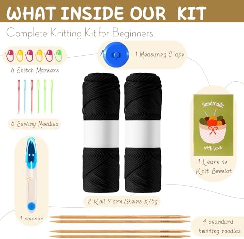 Maasechs Knitting Kits for Beginners Adults Complete Hat Knit Set with Yarn Bamboo Needles Starter Crochet Kit with Full Knitting Crochet Accessories for Women and Men(Black) - Image 2