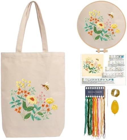 CREAWONDER Canvas Tote Bag Embroidery Kit with Pattern for Beginners, Arts and DIY Embroidery Crafts Kits for Adults, Include Instructions, Embroidery Hoops, Color Threads and Tool by Unknown